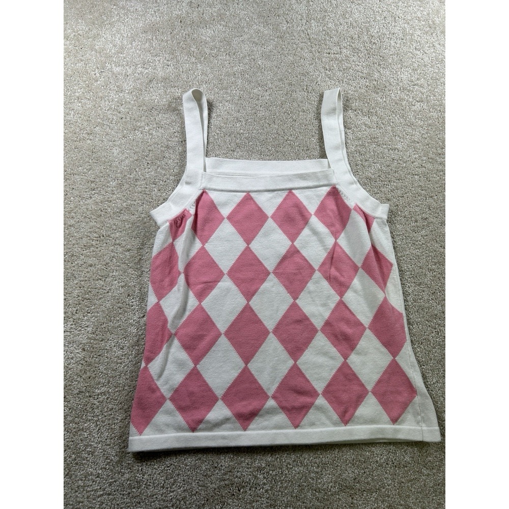 Cullen Size M White With Pink Diamond Argyle Sleeveless Top Preppy‎ Kidcore